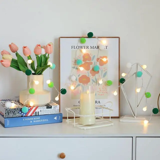 Alt view image 2 of 6 - Indoor String Lights 6.56 Feet Pom Poms Fairy Lights 20 LED Battery Operated String Ball Lights Warm White Globe Lights Colorful Decor Lights for Home Bedroom Kids Playhouse Holiday Christmas