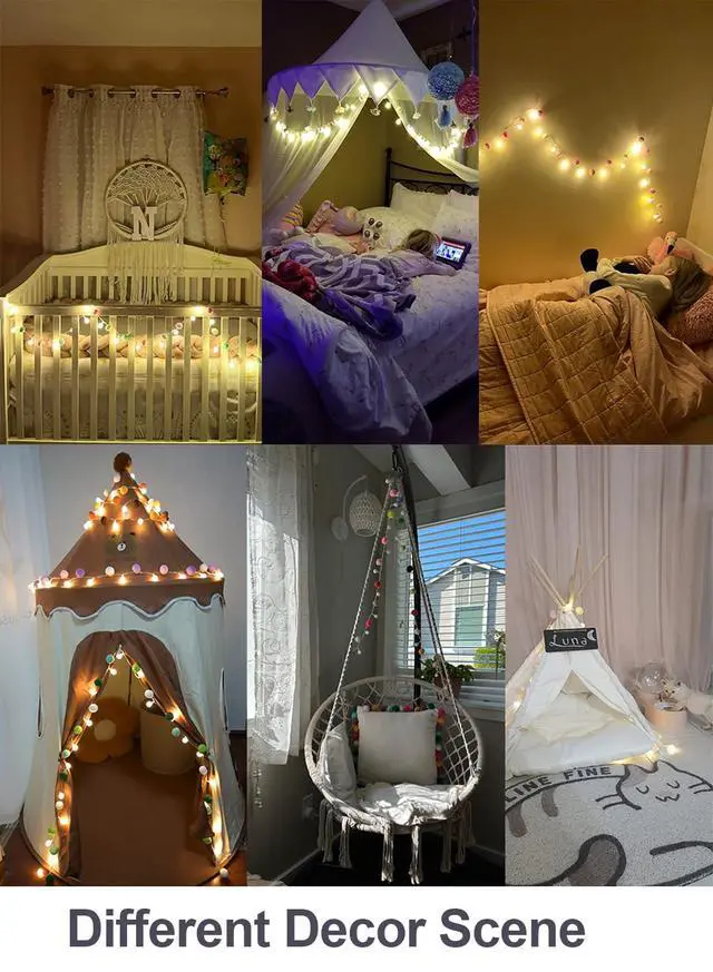 Alt view image 4 of 6 - Indoor String Lights 6.56 Feet Pom Poms Fairy Lights 20 LED Battery Operated String Ball Lights Warm White Globe Lights Colorful Decor Lights for Home Bedroom Kids Playhouse Holiday Christmas