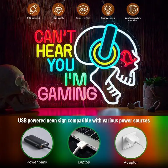Alt view image 3 of 6 - Gaming Neon Sign Can't Hear You I'm Gaming Skull Gamer LED Light Bright USB Powered Light up Game Signs with dimmer for Game Zone Video Room Boy Bedroom Wall Decor Compatible with Timer