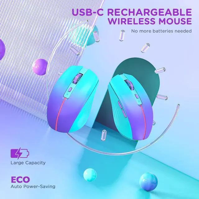 Alt view image 4 of 7 - Bluetooth Wireless Mouse, Rechargeable Slient Multi-Device Computer Mice (Tri-Mode: BT1/2+2.4Ghz) with USB Receiver, Ergonomic Cordless Mouse for Laptop/MacBook/PC/iPad(Mint Green to Purple)
