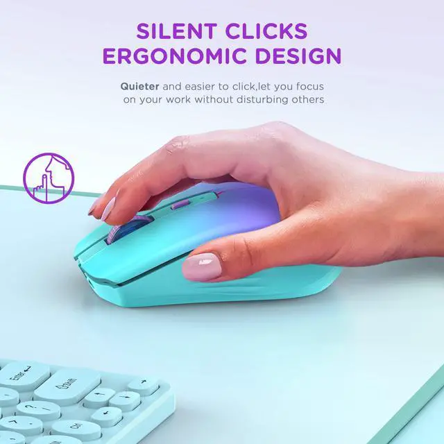 Alt view image 3 of 7 - Bluetooth Wireless Mouse, Rechargeable Slient Multi-Device Computer Mice (Tri-Mode: BT1/2+2.4Ghz) with USB Receiver, Ergonomic Cordless Mouse for Laptop/MacBook/PC/iPad(Mint Green to Purple)