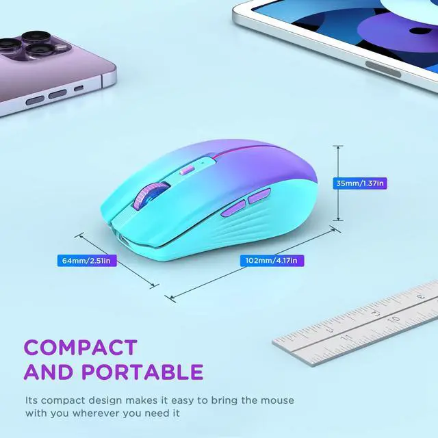 Alt view image 5 of 7 - Bluetooth Wireless Mouse, Rechargeable Slient Multi-Device Computer Mice (Tri-Mode: BT1/2+2.4Ghz) with USB Receiver, Ergonomic Cordless Mouse for Laptop/MacBook/PC/iPad(Mint Green to Purple)