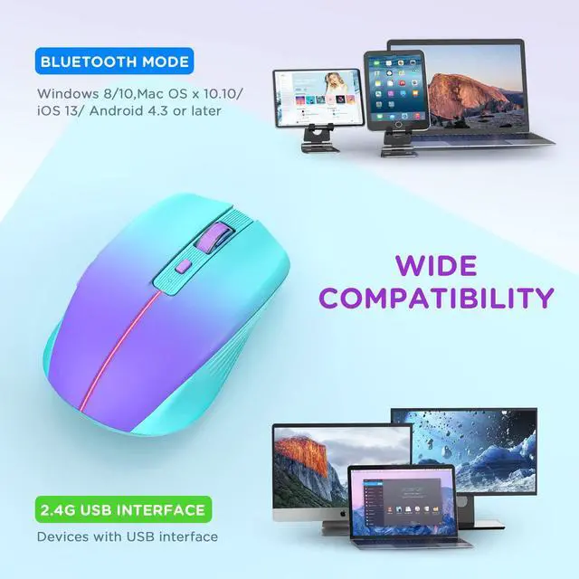 Alt view image 6 of 7 - Bluetooth Wireless Mouse, Rechargeable Slient Multi-Device Computer Mice (Tri-Mode: BT1/2+2.4Ghz) with USB Receiver, Ergonomic Cordless Mouse for Laptop/MacBook/PC/iPad(Mint Green to Purple)