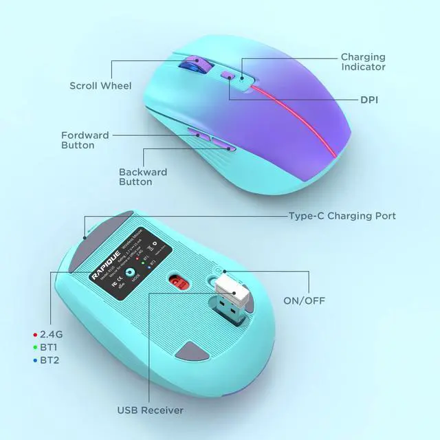 Alt view image 7 of 7 - Bluetooth Wireless Mouse, Rechargeable Slient Multi-Device Computer Mice (Tri-Mode: BT1/2+2.4Ghz) with USB Receiver, Ergonomic Cordless Mouse for Laptop/MacBook/PC/iPad(Mint Green to Purple)