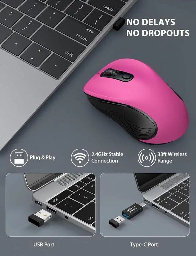 Alt view image 2 of 7 - Wireless Mouse for Laptop, Ergonomic 6-Button Mouse, Fuchsia