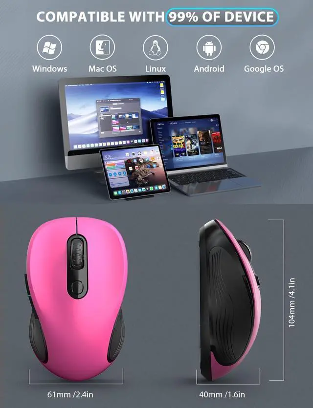 Alt view image 7 of 7 - Wireless Mouse for Laptop, Ergonomic 6-Button Mouse, Fuchsia