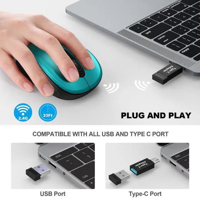 Alt view image 2 of 7 - 2.4G Wireless Mouse for Laptop, Ergonomic Computer Mouse with USB Receiver and Type-C Adapter, 3 Adjustable Levels, 6 Button Cordless Wireless Mice for Windows Mac PC Notebook (Green)