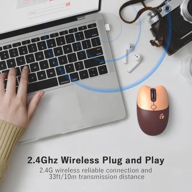 Alt view image 2 of 7 - Cute Cat Wireless Mouse, 2.4GHz Wireless Silent Mouse, USB Receiver Plug and Play, 3 Adjustable DPI, Compatible with Notebook, PC, Laptop, Computer- Coffee Colorful