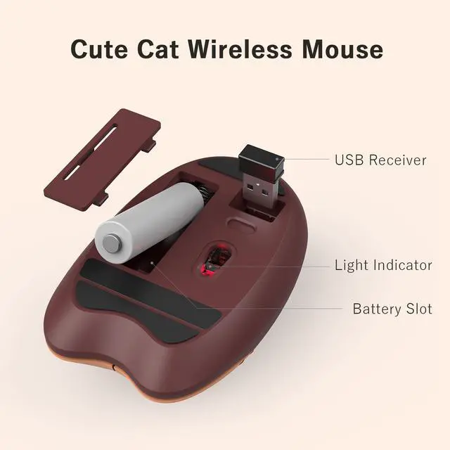 Alt view image 5 of 7 - Cute Cat Wireless Mouse, 2.4GHz Wireless Silent Mouse, USB Receiver Plug and Play, 3 Adjustable DPI, Compatible with Notebook, PC, Laptop, Computer- Coffee Colorful