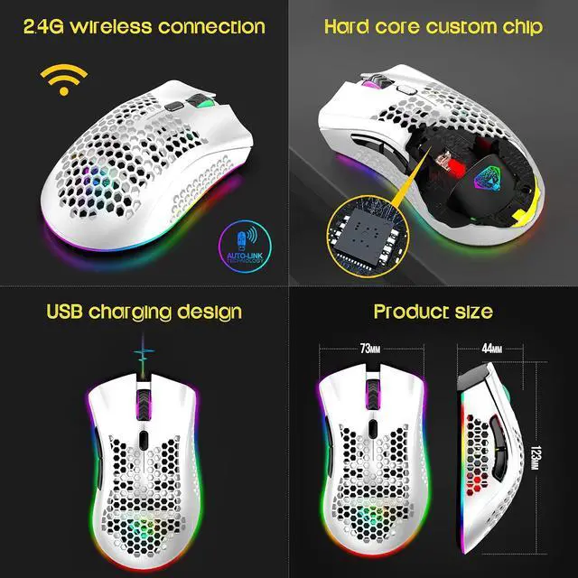 Alt view image 5 of 7 - Wireless Gaming Mouse, Silent Click Wireless Rechargeable Mouse with Colorful LED Lights and 3 Level DPI 400mah Lithium Battery for Laptop and Computer (C23 White)