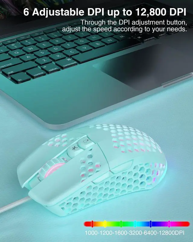 Alt view image 3 of 6 - SM900 Green Wired Gaming Mouse with Honeycomb Shell,12800 DPI,7 Programmable Buttons,Lightweight Gaming Mice Ergonomic Computer Mouse Gaming for Windows/PC/Mac/Laptop Gamer