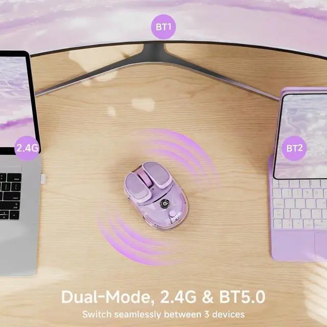 Alt view image 2 of 7 - Q9 Transparent Wireless Mouse with RGB Lighting, Compact Multi-Device Bluetooth & 2.4G Computer Mouse, Rechargeable, Quiet Clicks, 4800 DPI Cute Mice for Laptop, PC, Mac, iPad - Purple
