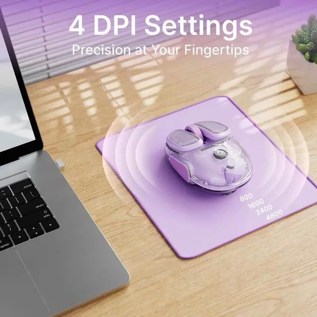 Alt view image 3 of 7 - Q9 Transparent Wireless Mouse with RGB Lighting, Compact Multi-Device Bluetooth & 2.4G Computer Mouse, Rechargeable, Quiet Clicks, 4800 DPI Cute Mice for Laptop, PC, Mac, iPad - Purple