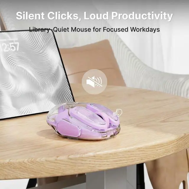 Alt view image 4 of 7 - Q9 Transparent Wireless Mouse with RGB Lighting, Compact Multi-Device Bluetooth & 2.4G Computer Mouse, Rechargeable, Quiet Clicks, 4800 DPI Cute Mice for Laptop, PC, Mac, iPad - Purple