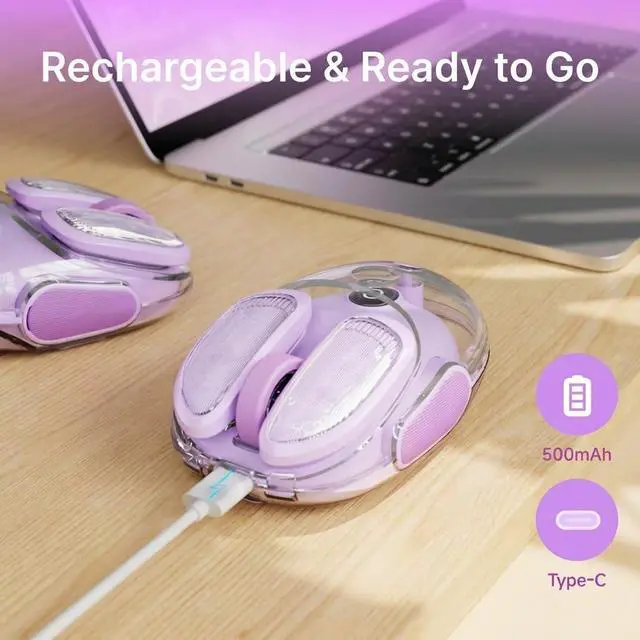 Alt view image 5 of 7 - Q9 Transparent Wireless Mouse with RGB Lighting, Compact Multi-Device Bluetooth & 2.4G Computer Mouse, Rechargeable, Quiet Clicks, 4800 DPI Cute Mice for Laptop, PC, Mac, iPad - Purple