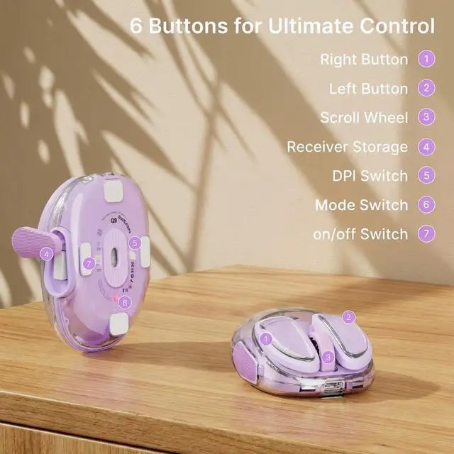 Alt view image 6 of 7 - Q9 Transparent Wireless Mouse with RGB Lighting, Compact Multi-Device Bluetooth & 2.4G Computer Mouse, Rechargeable, Quiet Clicks, 4800 DPI Cute Mice for Laptop, PC, Mac, iPad - Purple