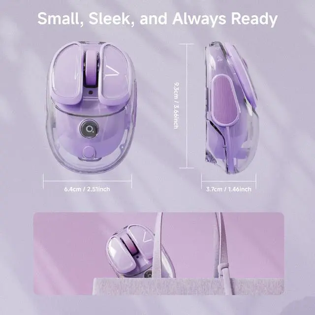Alt view image 7 of 7 - Q9 Transparent Wireless Mouse with RGB Lighting, Compact Multi-Device Bluetooth & 2.4G Computer Mouse, Rechargeable, Quiet Clicks, 4800 DPI Cute Mice for Laptop, PC, Mac, iPad - Purple