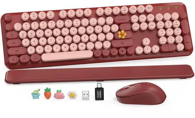 Main image of Wireless Keyboard and Mouse Combo, Wine Red Retro Typewriter Style Keyboard with Round Keycaps and Magnetic Wrist Rest, 2.4GHz Wireless for Mac, Windows PC, Laptop, Home Office, School, SABLUTE CK23