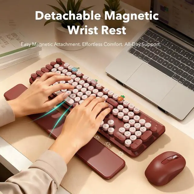 Alt view image 2 of 7 - Wireless Keyboard and Mouse Combo, Wine Red Retro Typewriter Style Keyboard with Round Keycaps and Magnetic Wrist Rest, 2.4GHz Wireless for Mac, Windows PC, Laptop, Home Office, School, SABLUTE CK23