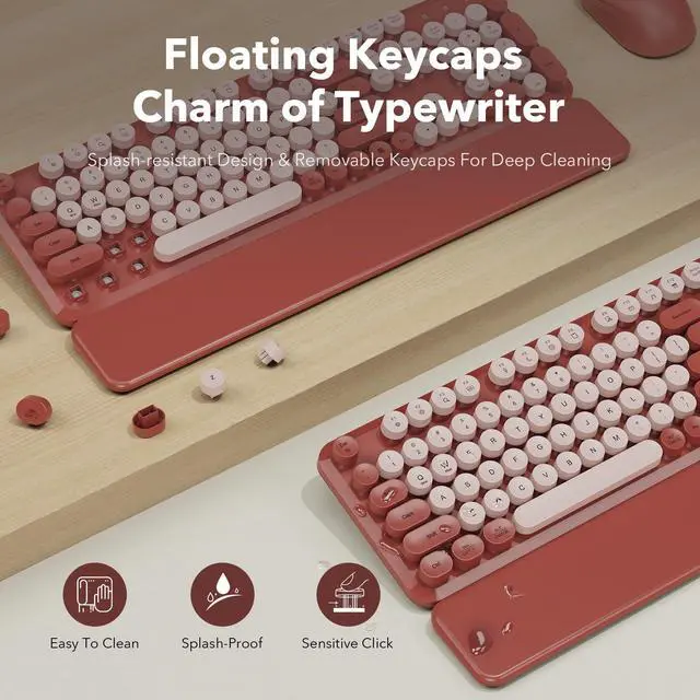 Alt view image 4 of 7 - Wireless Keyboard and Mouse Combo, Wine Red Retro Typewriter Style Keyboard with Round Keycaps and Magnetic Wrist Rest, 2.4GHz Wireless for Mac, Windows PC, Laptop, Home Office, School, SABLUTE CK23