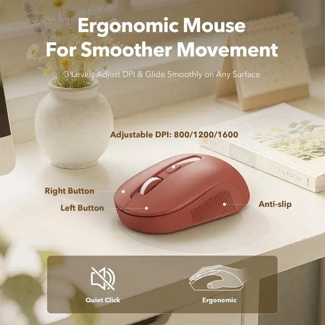 Alt view image 5 of 7 - Wireless Keyboard and Mouse Combo, Wine Red Retro Typewriter Style Keyboard with Round Keycaps and Magnetic Wrist Rest, 2.4GHz Wireless for Mac, Windows PC, Laptop, Home Office, School, SABLUTE CK23