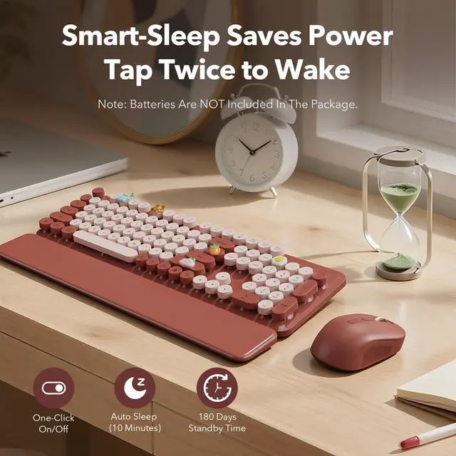Alt view image 6 of 7 - Wireless Keyboard and Mouse Combo, Wine Red Retro Typewriter Style Keyboard with Round Keycaps and Magnetic Wrist Rest, 2.4GHz Wireless for Mac, Windows PC, Laptop, Home Office, School, SABLUTE CK23