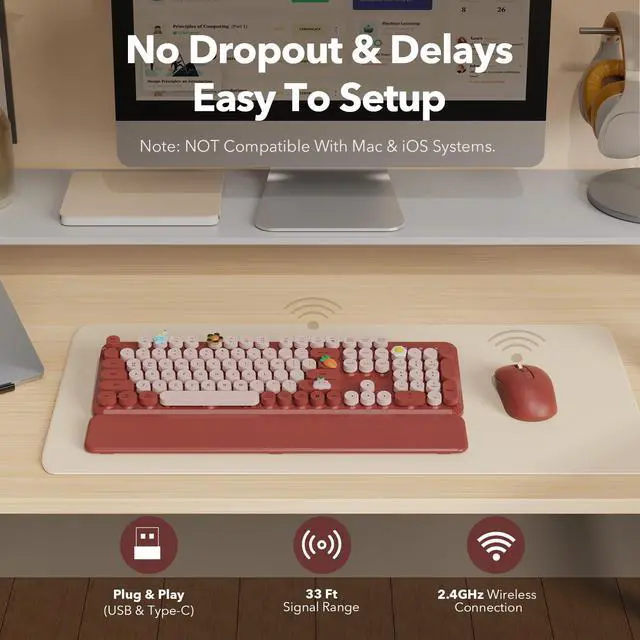 Alt view image 7 of 7 - Wireless Keyboard and Mouse Combo, Wine Red Retro Typewriter Style Keyboard with Round Keycaps and Magnetic Wrist Rest, 2.4GHz Wireless for Mac, Windows PC, Laptop, Home Office, School, SABLUTE CK23