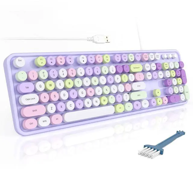 Main image of Colorful Computer Keyboard Wired, Cute Full Size Keyboard Typewriter Style, USB Keyboard with Foldable Stands for Windows, Laptop, Desktop, PC (Purple Colorful)