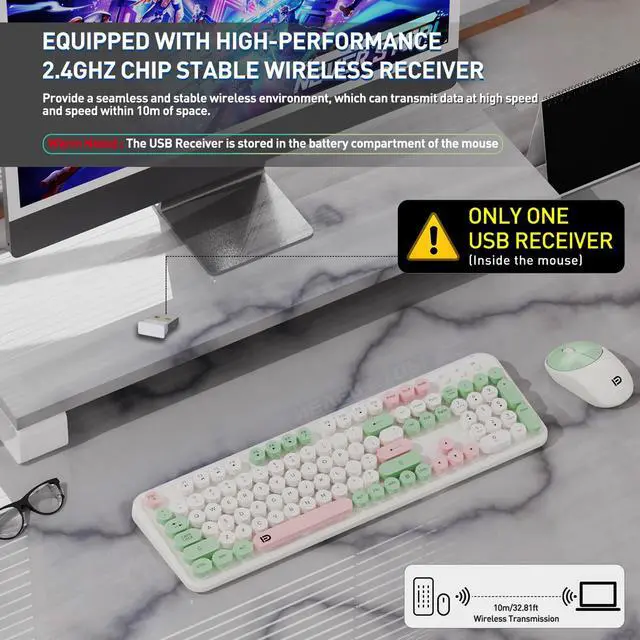 Alt view image 2 of 7 - 2.4GHz Wireless Keyboard and Mouse Set with Switch Button - Full-Size Keyboard - Compatible for Windows/Laptop/PC/Notebook/Smart TV and More - White Green