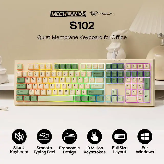 Alt view image 2 of 7 - Aula S102 Membrane Gaming Keyboard w/Number Pad, 100% Full Size