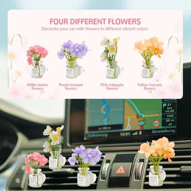 Alt view image 5 of 7 - 4 Pack Flowers Car Vent Clips, Interior Flower Decorations | Cute Daisy Plants Vase Air Conditioning Outlet Clip with Fragrance Pads, Charm Scent Perfume Automotive Aesthetic for Women
