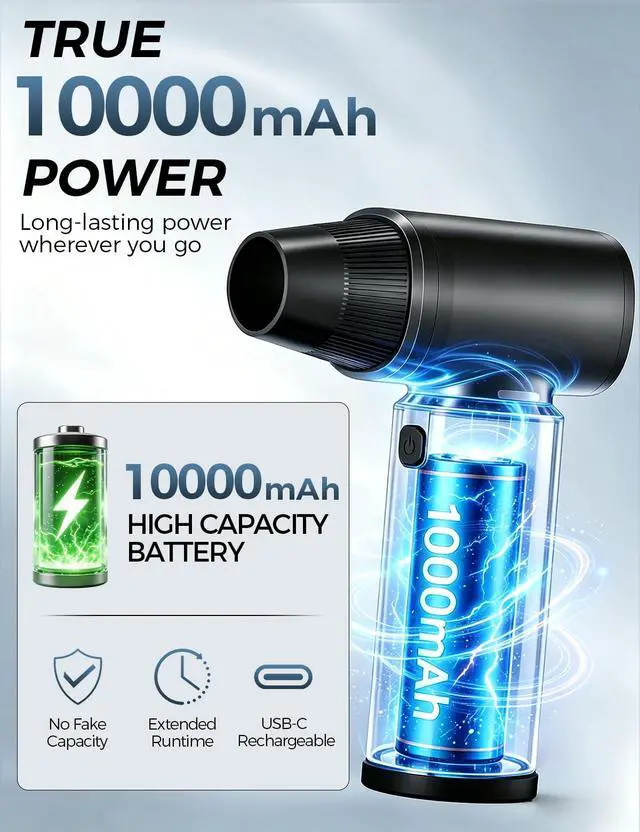Alt view image 3 of 7 - Compressed Air Duster - 180000RPM Super Power Electric Air Duster, 3-Speed Adjustable Rechargeable Cordless Air Blower with LED Light, Dust Blower for Computer, Keyboard, Outdoor, Car and House