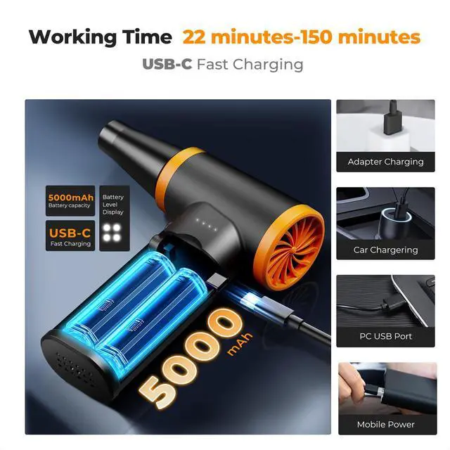 Alt view image 5 of 7 - Compressed Air Duster,120000 RPM,Brushless Motor,Multiple Tools | 5000mAH,Low Gear for 150 Minutes,High Gear for 11 Minutes,Mini-Portable,LED Light,for Deep Computer Clean,Keyboard,Car,Home