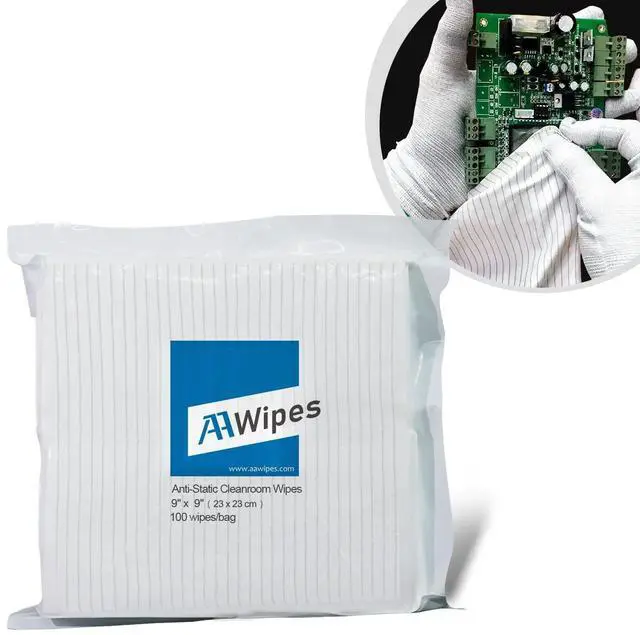 Main image of ESD-Safe Wipes (9"x9", 100 pcs) - Lint-Free Cleanroom Cloth Wipers, Polyester-Carbon Blend (CE16009)