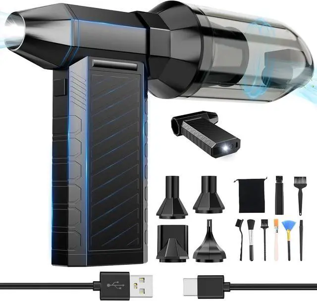 Main image of 2-in-1 Compressed Air Duster, 180,000 RPM High-Speed Turbo Electric Duster & Vacuum with 3-Second Deep Cleaning, Rechargeable Battery, 6 Attachments and LED Light for Keyboard, PC, Car, Home