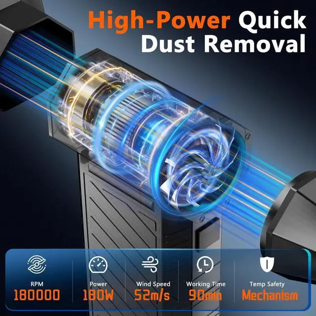 Alt view image 2 of 7 - 2-in-1 Compressed Air Duster, 180,000 RPM High-Speed Turbo Electric Duster & Vacuum with 3-Second Deep Cleaning, Rechargeable Battery, 6 Attachments and LED Light for Keyboard, PC, Car, Home