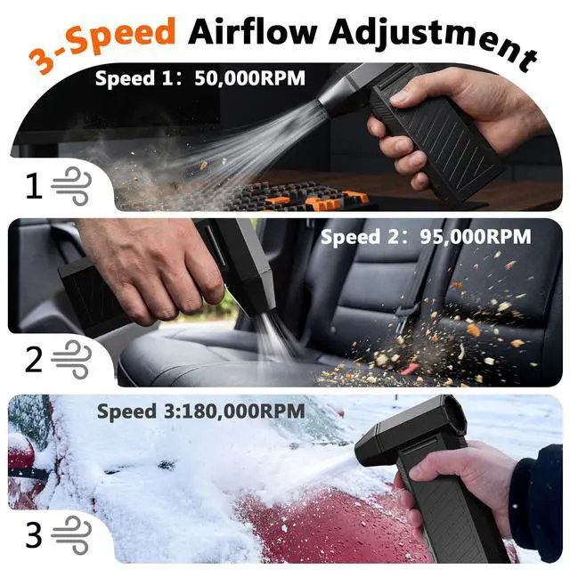 Alt view image 3 of 7 - 2-in-1 Compressed Air Duster, 180,000 RPM High-Speed Turbo Electric Duster & Vacuum with 3-Second Deep Cleaning, Rechargeable Battery, 6 Attachments and LED Light for Keyboard, PC, Car, Home