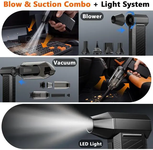 Alt view image 4 of 7 - 2-in-1 Compressed Air Duster, 180,000 RPM High-Speed Turbo Electric Duster & Vacuum with 3-Second Deep Cleaning, Rechargeable Battery, 6 Attachments and LED Light for Keyboard, PC, Car, Home