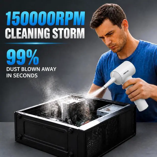 Alt view image 2 of 7 - Computer Keyboard Cleaner Portable Vacuum and Compressed Air Duster White | 18000Pa super power, cordless cleaner for tight spaces, with LED light, 150000rpm adjustable blower, 2600*3 mAh rechargeable