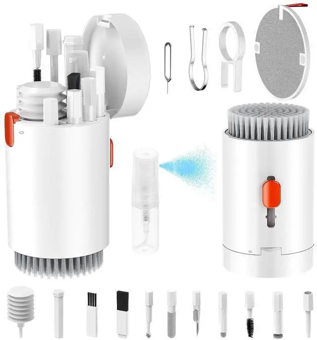 Main image of Keyboard Cleaner Kit, Electronics Cleaning Kit with Retractable Big Brush, Portable, 20 in 1 Multi-Tool Kit for Phones, Tablet, Computer, PC Monitor,TV Camera Lens with 2.5ml Mist Spray (White)
