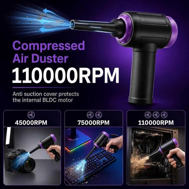 Alt view image 3 of 7 - 14.5KPA Computer Keyboard Vacuum Cleaner & 110000RPM Electric Air Duster 3-in-1, Replaces Canned Air, for PC Tower & Car Laptop Sewing Machine Portable Keyboard Vac USB Desk Crumbs Dust Cleaners
