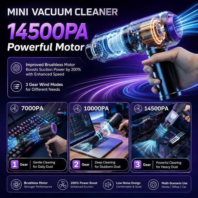 Alt view image 4 of 7 - 14.5KPA Computer Keyboard Vacuum Cleaner & 110000RPM Electric Air Duster 3-in-1, Replaces Canned Air, for PC Tower & Car Laptop Sewing Machine Portable Keyboard Vac USB Desk Crumbs Dust Cleaners