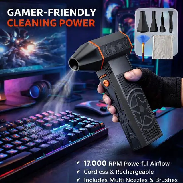 Alt view image 2 of 7 - 170000RPM Electric Air Duster Rechargeable Cordless Cleaner for Gaming Setup Keyboard PC Console Repair Tool with Multi Nozzles Compressed Air Alternative