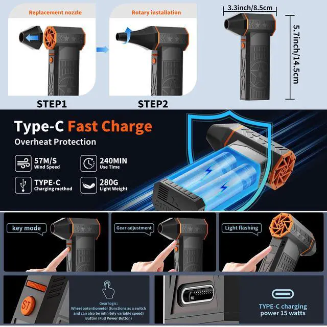 Alt view image 7 of 7 - 170000RPM Electric Air Duster Rechargeable Cordless Cleaner for Gaming Setup Keyboard PC Console Repair Tool with Multi Nozzles Compressed Air Alternative