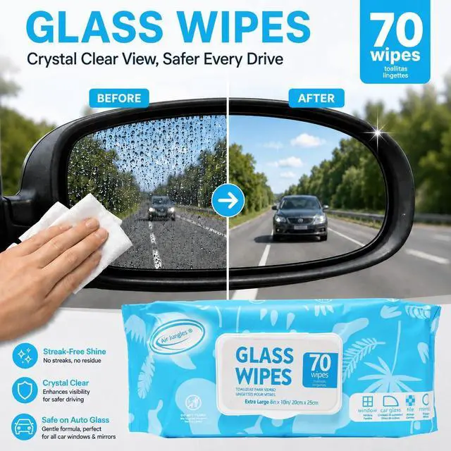 Alt view image 2 of 6 - Glass & Window Cleaner Wipes 70 Count (Pack of 2), XL 8x10 Inch | Ammonia-Free, Streak-Free, Safe For Car Windshield, Headlight, Mirror, Tile & Home Glass, Removes Fingerprints, Dust, Dirt