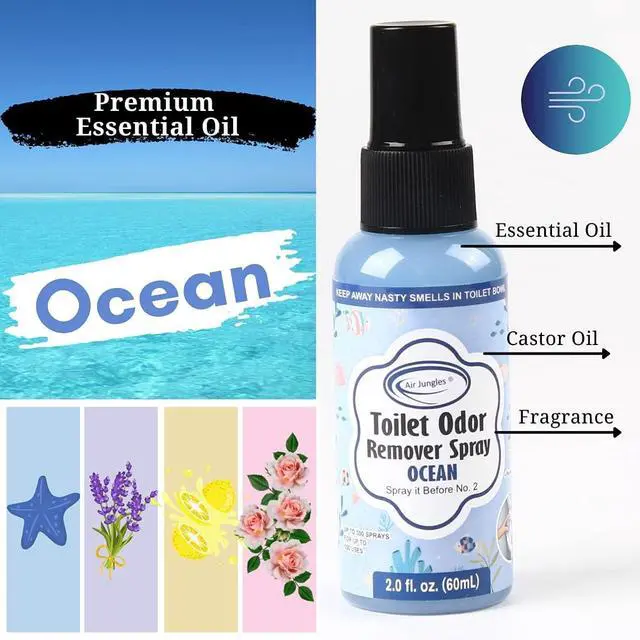 Alt view image 2 of 7 - Toilet Poop Spray 2 Fl Oz (2 Pack), Ocean Scent Odor Eliminator | Spray Before No. 2 To Trap Bathroom Odors, 100 Uses Per Bottle, Portable Size For Travel, Home, Office & School