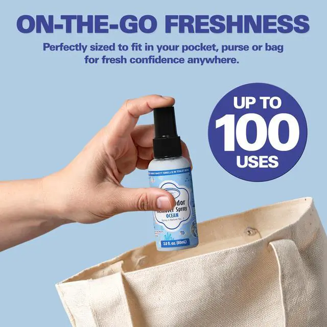 Alt view image 3 of 7 - Toilet Poop Spray 2 Fl Oz (2 Pack), Ocean Scent Odor Eliminator | Spray Before No. 2 To Trap Bathroom Odors, 100 Uses Per Bottle, Portable Size For Travel, Home, Office & School
