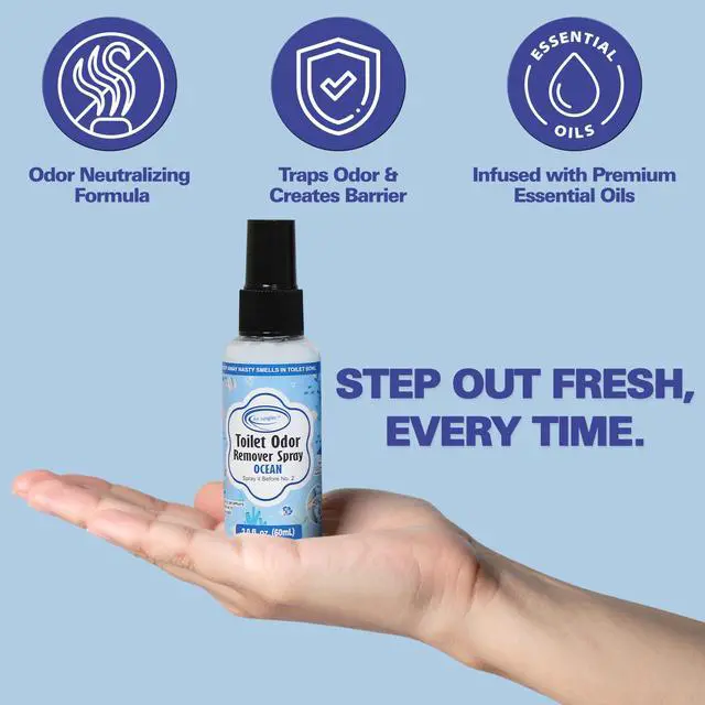 Alt view image 5 of 7 - Toilet Poop Spray 2 Fl Oz (2 Pack), Ocean Scent Odor Eliminator | Spray Before No. 2 To Trap Bathroom Odors, 100 Uses Per Bottle, Portable Size For Travel, Home, Office & School