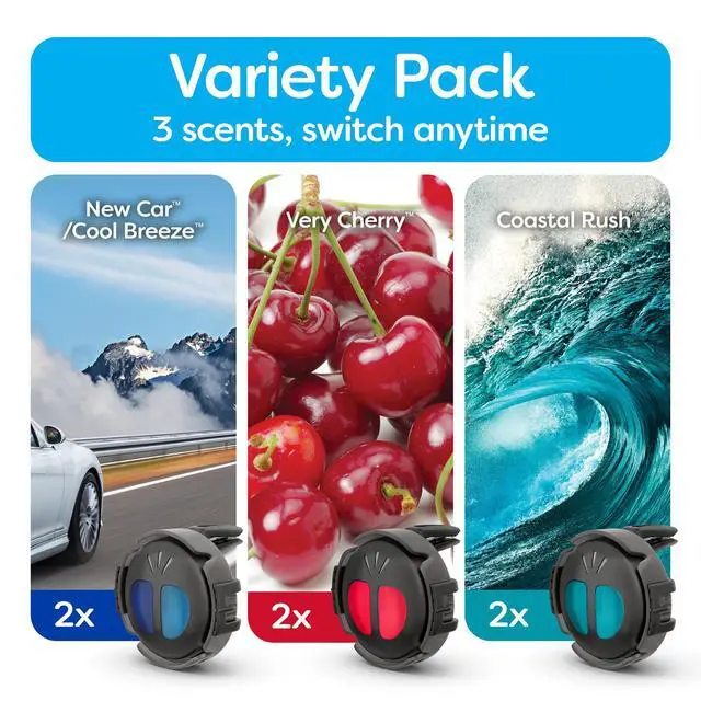 Alt view image 2 of 7 - Mini Diffuser Car Air Fresheners Variety Pack, New Car/Cool Breeze, Very Cherry, and Coastal Rush Scents, 6 Pack
