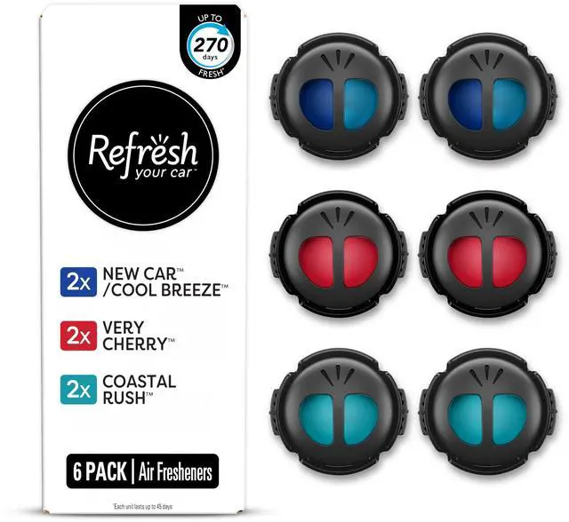 Main image of Mini Diffuser Car Air Fresheners Variety Pack, New Car/Cool Breeze, Very Cherry, and Coastal Rush Scents, 6 Pack